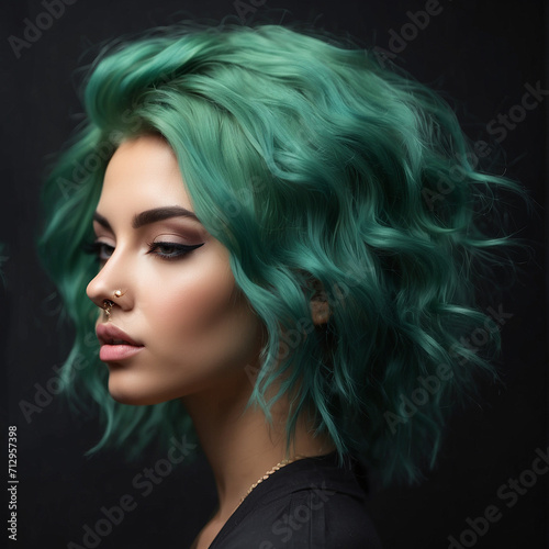 young woman with green hair isolated on black background