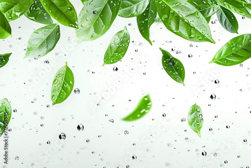 Tea leaves with water drops flying in the air isolated on transparent background. PNG