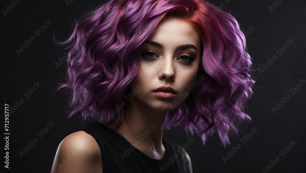 young woman with violet hair isolated on black background
