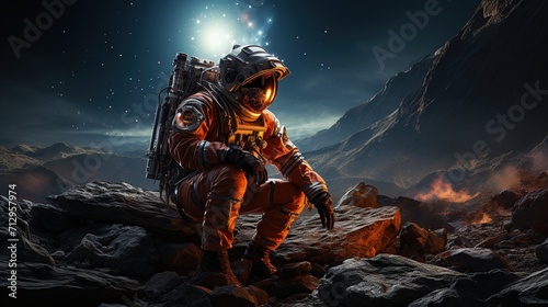 Astronaut in space suit and helmet on planet surface. photo