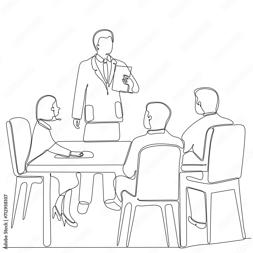 Continuous line drawing of group of business people discussing in conference room. Creative business team brainstorming over new project isolated on white background Continuous line drawing of group of business people discussing in conference room. Creative business team brainstorming over new project isolated on white background