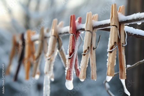 Clothespins hanging with ice. Clothes pegs on winter frozen clothesline. Generate ai photo