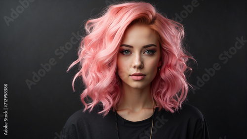 young woman with pink hair isolated on black background
