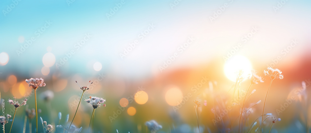 Beautiful background of colorful wild meadow flowers, focus and soft light, bokeh, copy space