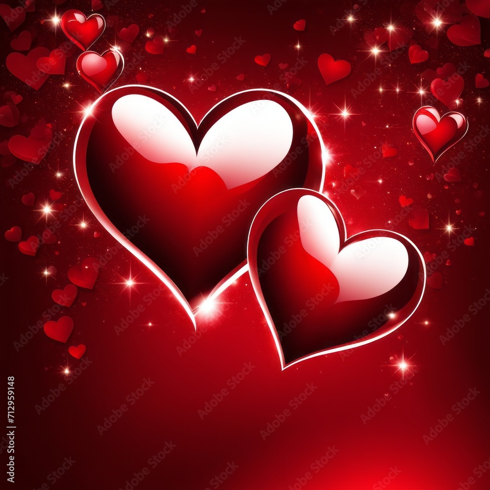Red pair of hearts with bright light decorative garlands and golden confetti, Romantic background.
