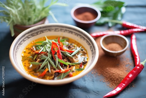 bowl of curry with chilies and spices scattered around photo
