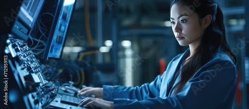 female engineer is checking network server