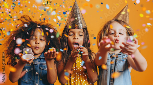 Young children in party hats are blowing colorful confetti towards the camera against a vibrant orange background.