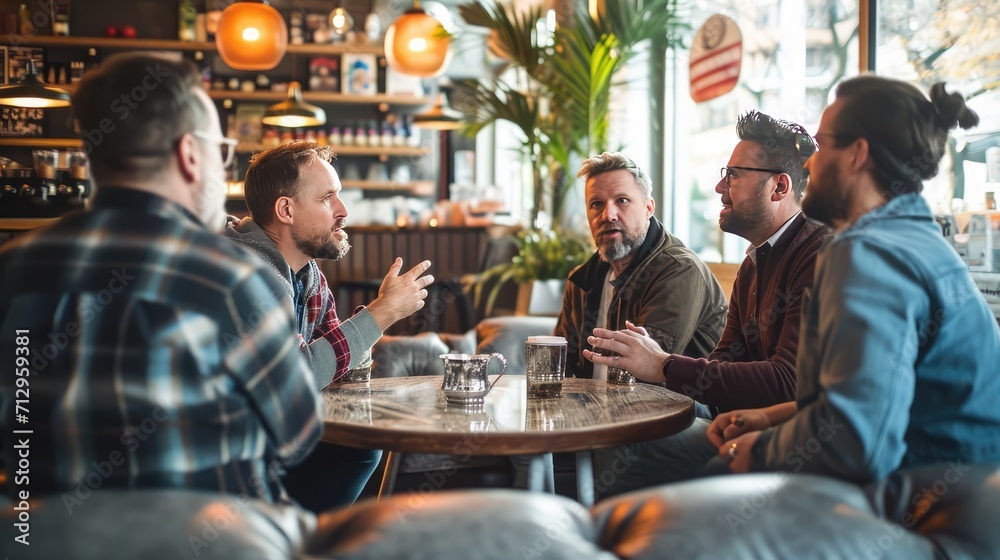 A group of men talking in a cafe, AI generated Image - obrazy, fototapety, plakaty 
