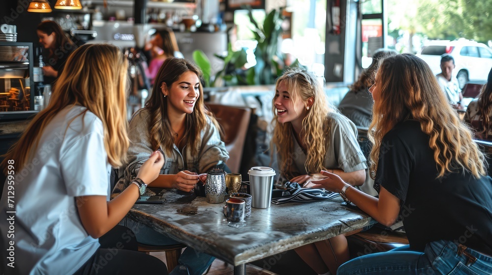 A group of women chatting in a cafe, AI generated Image - obrazy, fototapety, plakaty 