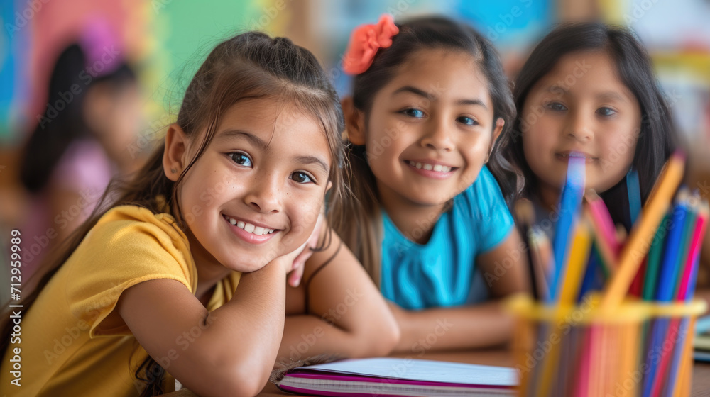 Two young girls smiling and embracing each other in a classroom setting, with colored pencils and school supplies on the table in front of them. Two young girls smiling and embracing each other in a classroom setting, with colored pencils and school supplies on the table in front of them.