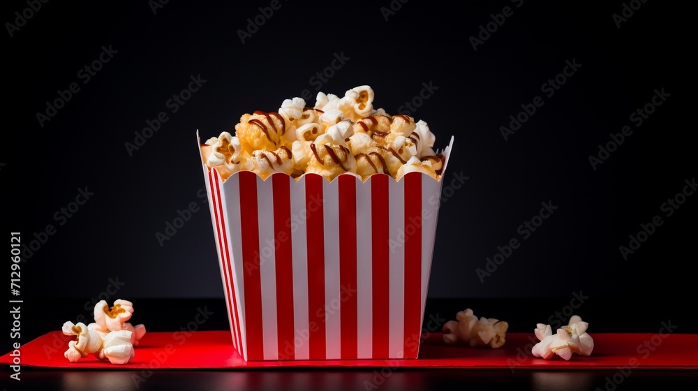 Striped popcorn box on a black background with copy space. A movie evening and a pleasant pastime concept.