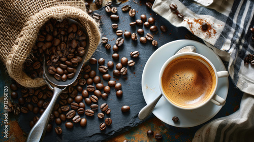 Close-up view of a freshly brewed cup of espresso with a creamy crema on top, accompanied by coffee beans spilling out from a burlap sack © MP Studio