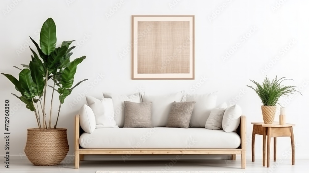 Home interior design with Empty Frame Mockup in Scandinavian style room. copy space. Generative AI.