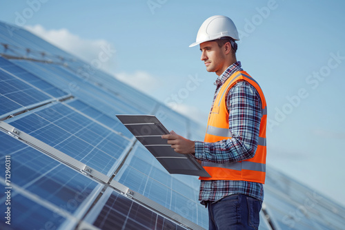 Electrical engineer in safety helmet, uniform, inspecting solar panels AI Generation © ungvar
