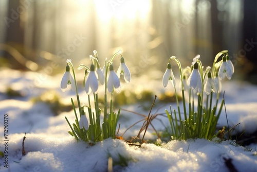 Sunlit close-up of blooming snowdrops on snowy terrain. Generative AI