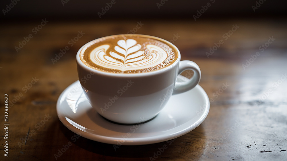 almond milk on white cup on wooden table in minimalist scandinavian cafe. almond milk on white cup on wooden table in minimalist scandinavian cafe.
