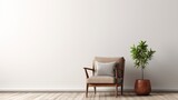 Interior Design featuring Armchair plant, empty wall with copy space in modern bright minimalist apartment. Generative AI.