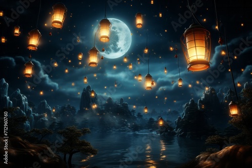 Lantern Festival Night Sky, on an isolated Midnight Lantern Glow background, Generative AI