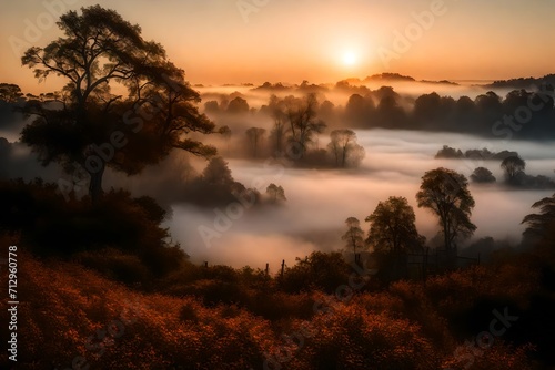 sunset at misty forest