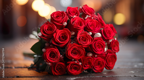 Bouquet of red roses and petals on bed as a sign of love, Valentine's Day - wedding - honeymoon photo