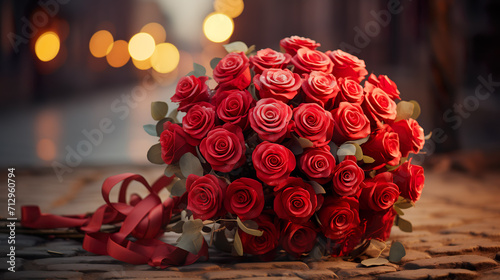 Bouquet of red roses and petals on bed as a sign of love, Valentine's Day - wedding - honeymoon | Generative AI photo