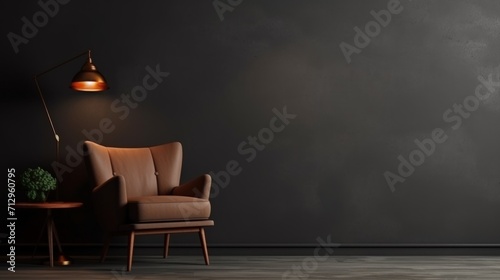 Living room interior mockup in warm tones with armchair on empty dark wall background. Generative AI.
