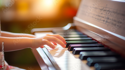 close up of child hands playing the piano with bokeh background