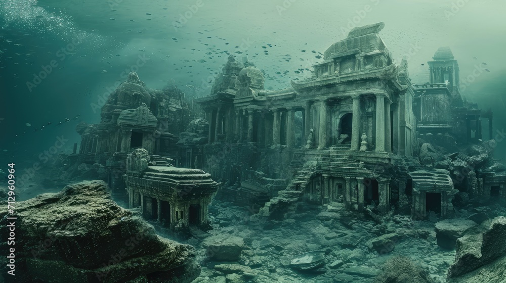 Ancient buildings are submerged in the sea, AI generated Image Ancient buildings are submerged in the sea, AI generated Image