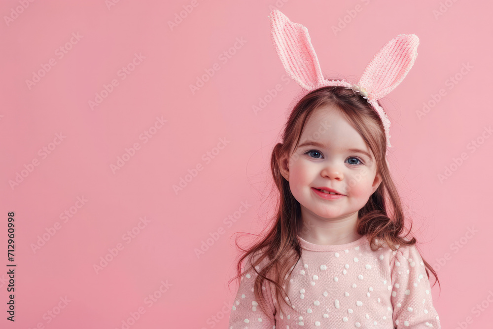 Easter Joy: Smiling Child with Bunny Ears on Pink Background