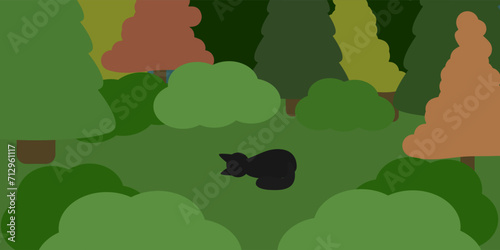 Black cat background sleeping in the middle of the meadow surrounded by the forest. Vector illustration, green tree.