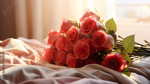 Bouquet of red roses and petals on bed as a sign of love  Valentine s Day - wedding - honeymoon   Generative AI