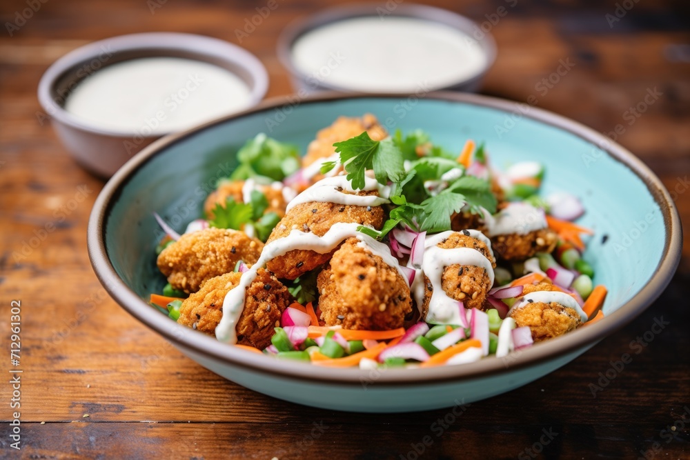 close-up of falafels drizzled with tahini in a bowl close-up of falafels drizzled with tahini in a bowl