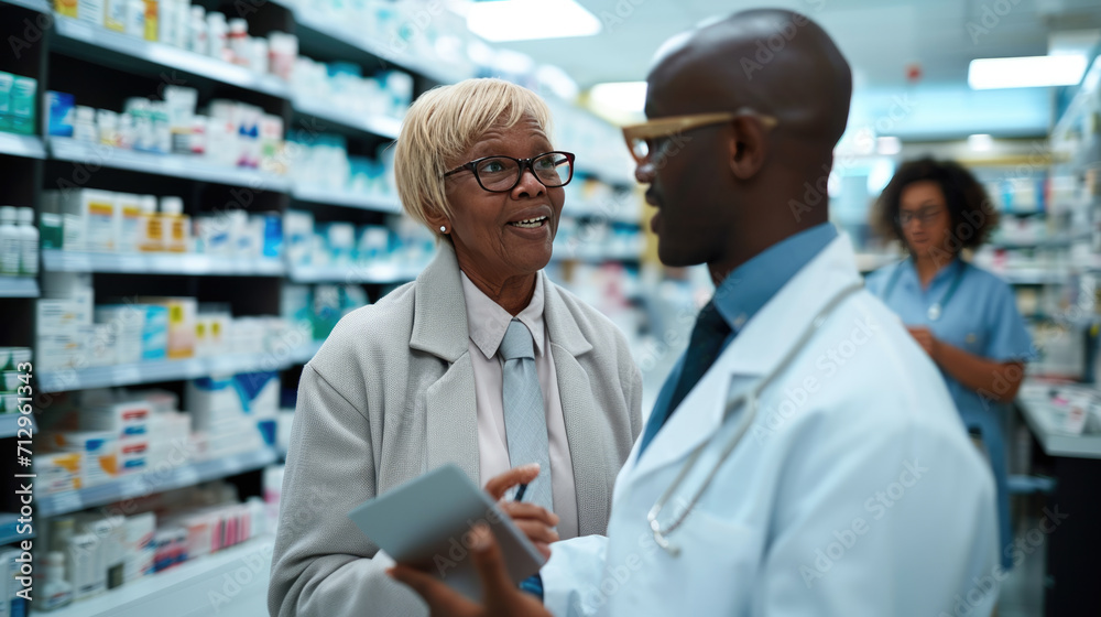 Pharmacist in a white coat and glasses having a consultation with a female patient in a pharmacy, holding a digital tablet and discussing her medical needs.