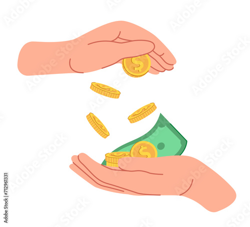 Putting money from hand to hand. Donate, lend, borrow money. Сoncept of financial literacy. Illustration isolated on white background.