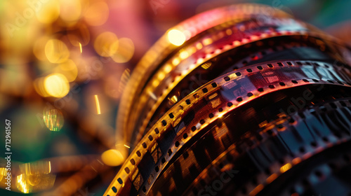 Close-up of a spiral of cinematic film reel illuminated with purple and orange lighting photo