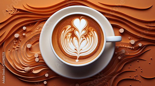 paper cut style tilted side angle an almond milk cappuccino on white cup an brown background