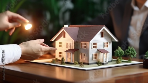 Mortgage agreement And Miniature House on table. Real estate concept. Generative AI.