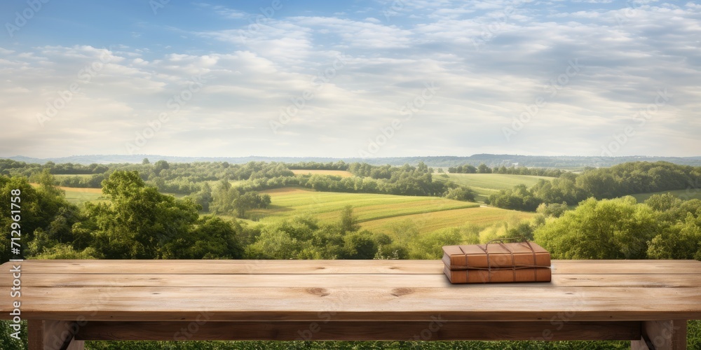 Empty desk made of wood, with a view of the countryside in spring