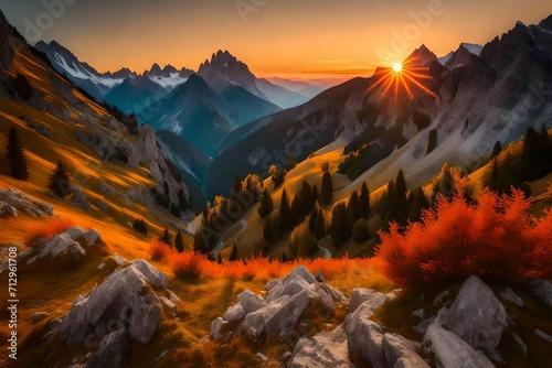 Beautiful view of sunrise in the mountains.