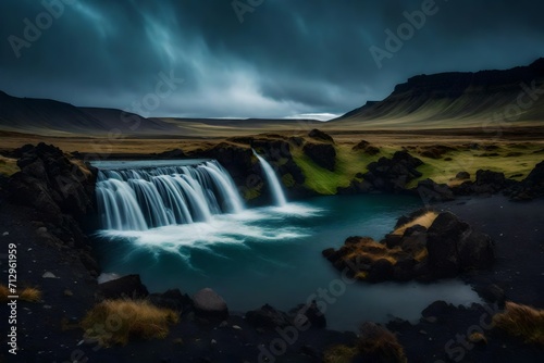 Water falls at night with view of sky and clouds.