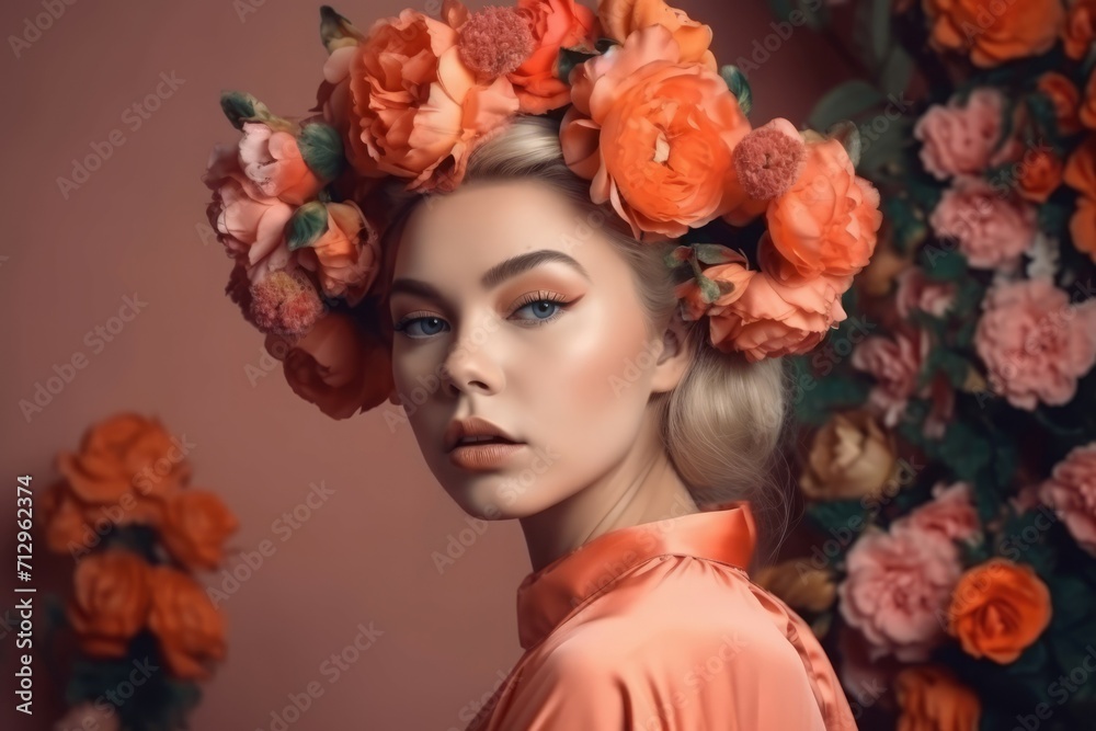 Female portrait flowers. Extravagant and fascinating clothes with red plants. Generate AI