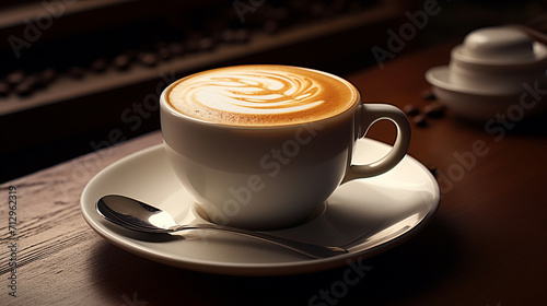 photo realistic direct side view a soy milk latte on white cup photo