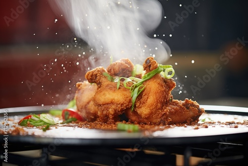 close-up of fried chicken with steam