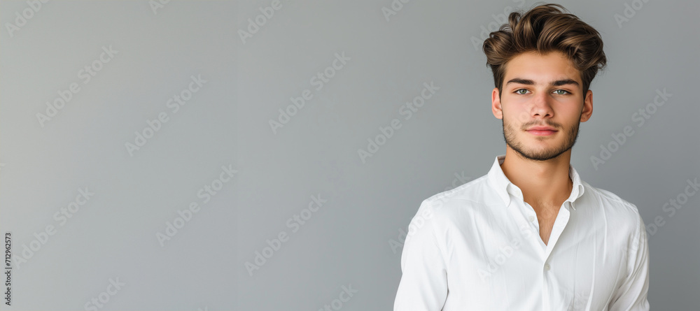 Caucasian boy portrait isolated on grey studio background. Beautiful teen male model in white shirt posing. Concept of human emotions, facial expression, sales, ad. Caucasian boy portrait isolated on grey studio background. Beautiful teen male model in white shirt posing. Concept of human emotions, facial expression, sales, ad.