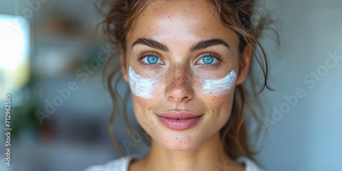 Frau mit Gesichtscreme trägt Kosmetika auf die Haut auf
