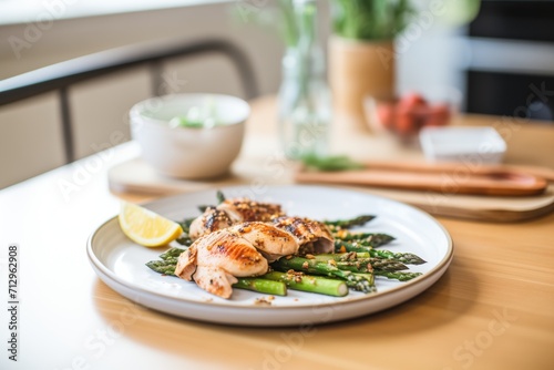 grilled chicken and asparagus on a ceramic plate