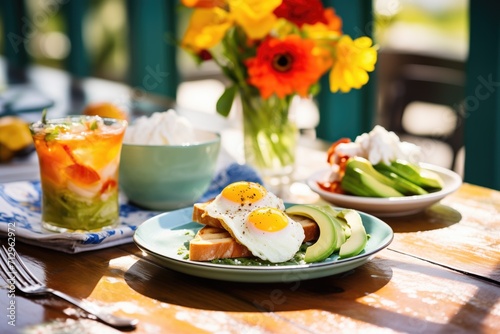 brunch setting with guacamole toast and poached eggs photo