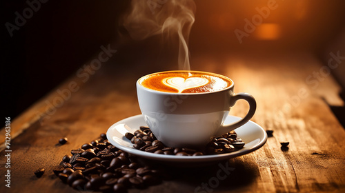 red eye coffee in an early morning cafe. simple coffee art on wooden table with heart shape