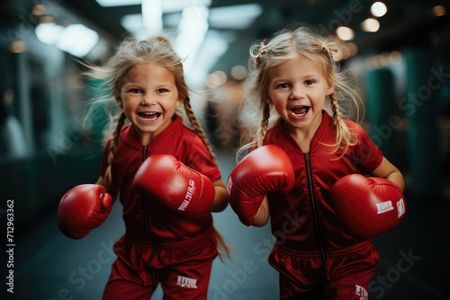 Cute little girls are playing sport in red boxing gloves. Selective focus, photo in motion for projects or design about the development of sports of younger generation. Sports club advertising © Irina Mikhailichenko